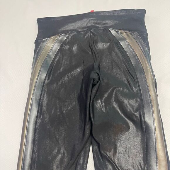 Spanx Faux Leather Track Metallic Stripe Sides Leggings Size Small - Picture 1 of 11